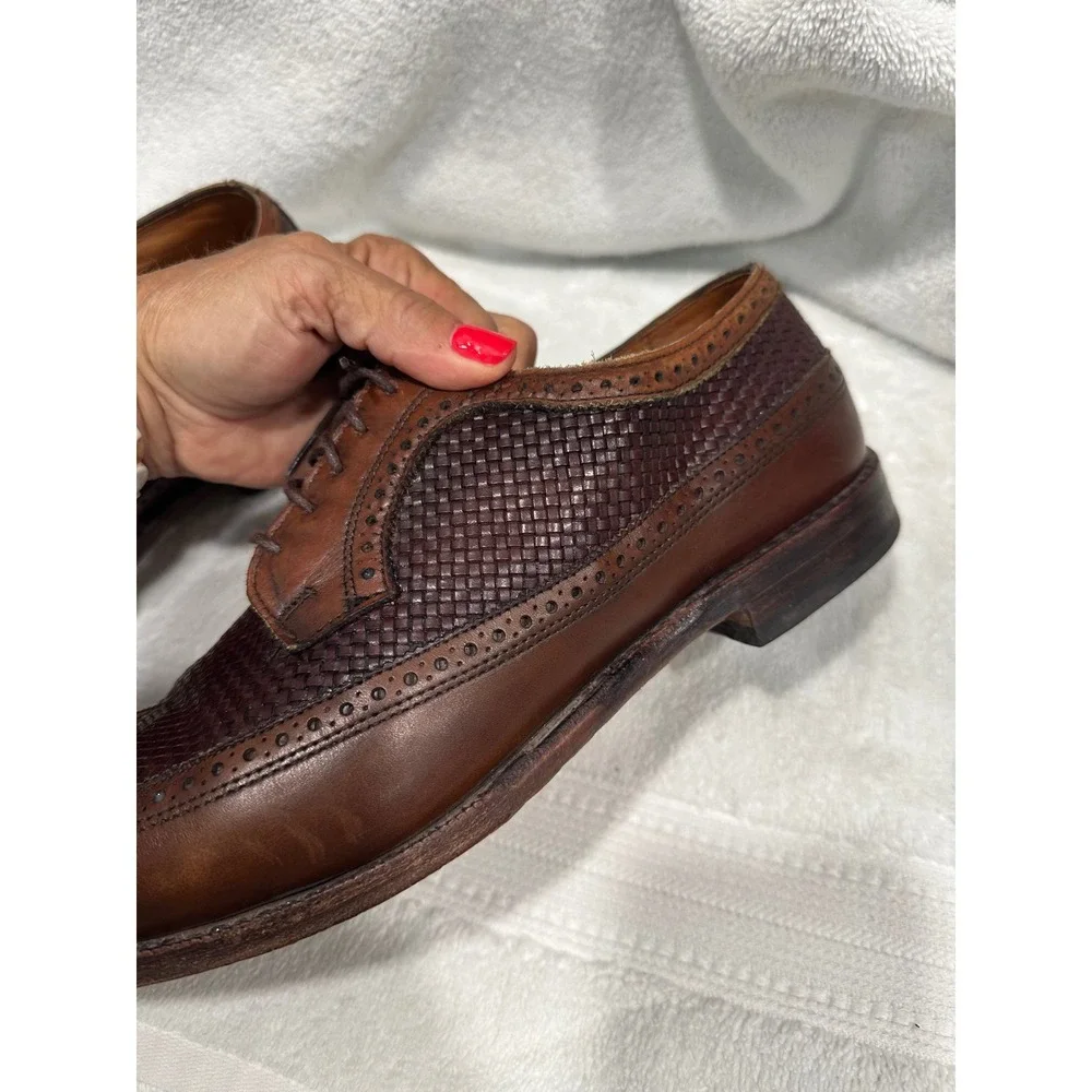 Allen Edmonds Leiden Dark Brown Woven Leather Wingtip Oxford Shoes Mens 12D